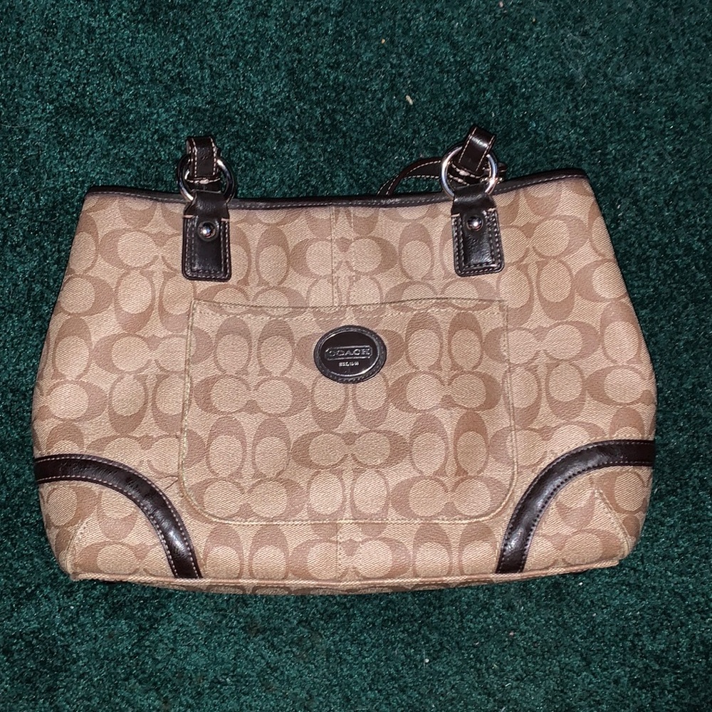 COACH Heritage Signature Shopper F18923 Khaki Mahogany Dark Brown Trim Tote Bag